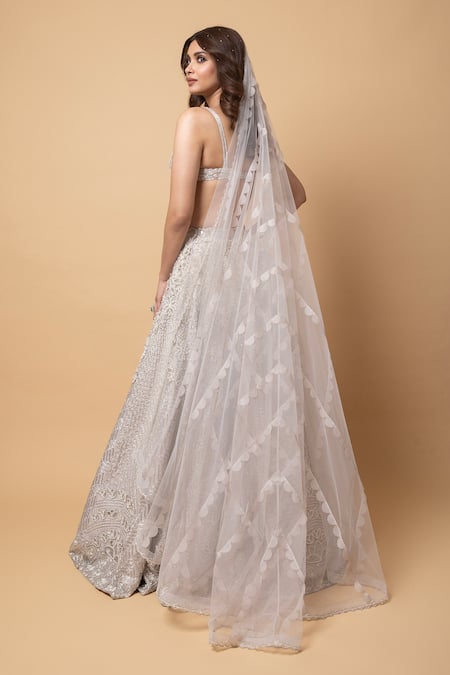Shop_Disha Patil_Silver Raw Silk Lehenga Hand Embroidery Sequins Plunge V Neck Lotus Set _at_Aza_Fashions