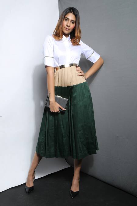 Escape By Aishwarya_Green Cotton Satin Colorblock Pleated Dress _Online_at_Aza_Fashions