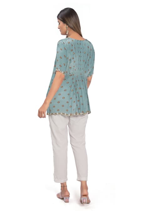 Shop Vana Ethnics Blue Crepe, Viscose Floral, Sequin V Neck Embroidered Tunic at Aza Fashions Shop_Vana Ethnics_Blue Crepe, Viscose Floral, Sequin V Neck Embroidered Tunic _at_Aza_Fashions