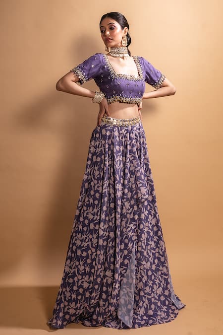 Shop Ria Shah Label Purple Polyester Sequins, Beads, Floral Print Double Layered Lehenga Set at Aza Fashions Shop_Ria Shah Label_Purple Polyester Sequins, Beads, Floral Print Double Layered Lehenga Set _at_Aza_Fashions