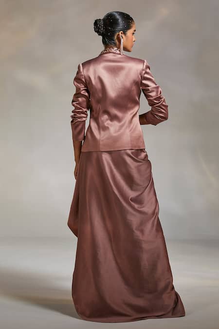 Shop Divya Aggarwal Pink Satin Sequins, Crystals V-neck Debro Hand Embroidered Blazer Skirt Set at Aza Fashions Shop_Divya Aggarwal_Pink Satin Sequins, Crystals V-neck Debro Hand Embroidered Blazer Skirt Set _at_Aza_Fashions