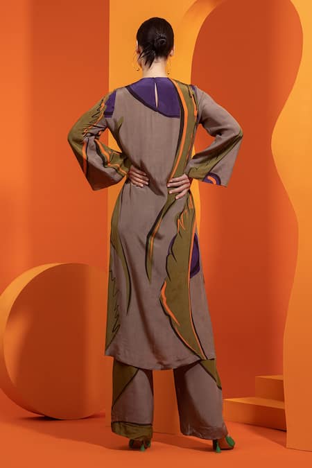 Shop Nautanky Purple Crepe Round Neck Bell Sleeve Kurta And Pant Set at Aza Fashions Shop_Nautanky_Purple Crepe Round Neck Bell Sleeve Kurta And Pant Set _at_Aza_Fashions