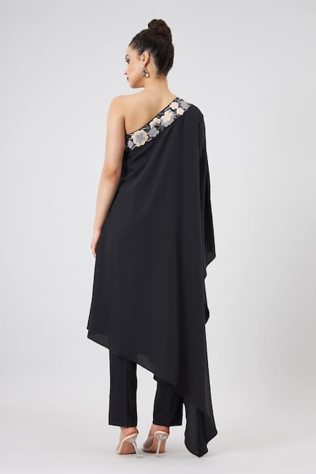 Shop Aakaar Black Modal Embroidery Shawl Neck One Shoulder Asymmetrical Kaftan Pant Set at Aza Fashions Shop_Aakaar_Black Modal Embroidery Shawl Neck One Shoulder Asymmetrical Kaftan Pant Set _at_Aza_Fashions