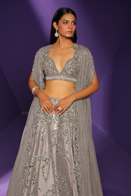 Shop_Rishi And Soujit_Purple Raw Silk Embroidery Mirror Cape Open Fossil Lilac Lehenga Set _at_Aza_Fashions