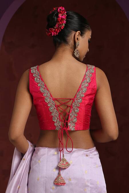 Buy Pink Raw Silk Embroidery Zardozi V Neck Front Tie Up Saree Blouse For  Women by Weaver Story Online at Aza Fashions.