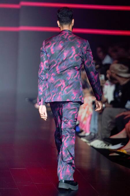 Shop Dhruv Vaish Black Viscose, Satin Abstract Print Double Breasted Jacket And Trouser Set at Aza Fashions Shop_Dhruv Vaish_Black Viscose, Satin Abstract Print Double Breasted Jacket And Trouser Set_at_Aza_Fashions