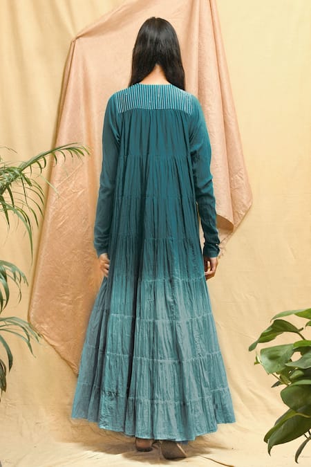 Shop Chambray & CO. Blue Cotton Embroidery Round Neck Ombre Flowy Dress at Aza Fashions Shop_Chambray & CO._Blue Cotton Embroidery Round Neck Ombre Flowy Dress _at_Aza_Fashions