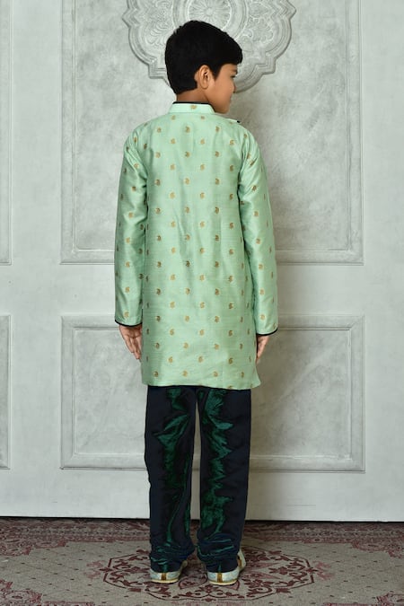 Shop_Petite Pomme_Green Polyester Embroidery Asymmetric Paisley Pattern Kurta _at_Aza_Fashions