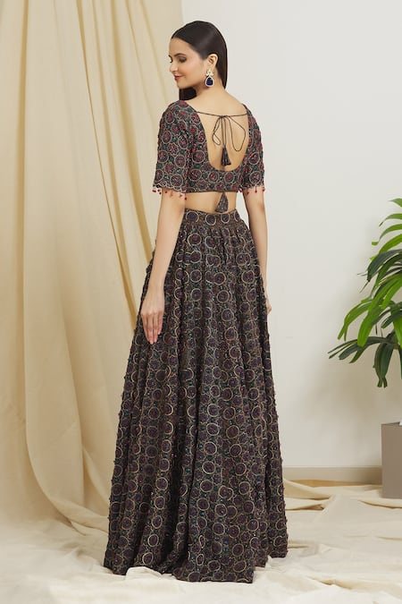Shop Surendri Black Chanderi Print Ajrak V Neck Pattern Beads Embellished Lehenga Set at Aza Fashions Shop_Surendri_Black Chanderi Print Ajrak V Neck Pattern Beads Embellished Lehenga Set_at_Aza_Fashions
