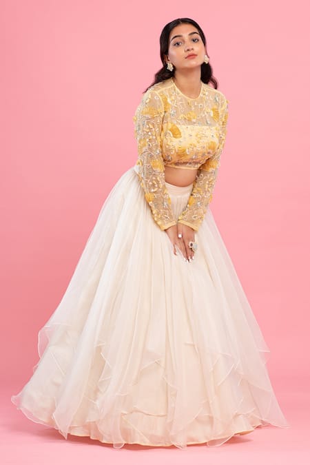 Shop PIRI INDIA Ivory Chanderi, Organza Beads, Sequins, Hand Embroidered Crop Top And Lehenga Set at Aza Fashions Shop_PIRI INDIA_Ivory Chanderi, Organza Beads, Sequins, Hand Embroidered Crop Top And Lehenga Set _at_Aza_Fashions