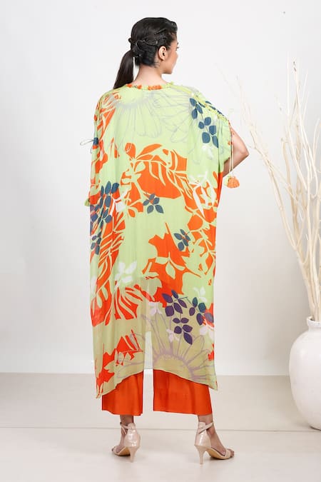 Garo Leaf Print Chiffon Kaftan & Pant Set 