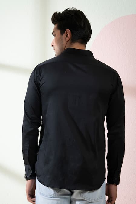 Shop Hilo Design Black Cotton Satin Embroidery Placement Shirt at Aza Fashions Shop_Hilo Design_Black Cotton Satin Embroidery Placement Shirt _at_Aza_Fashions