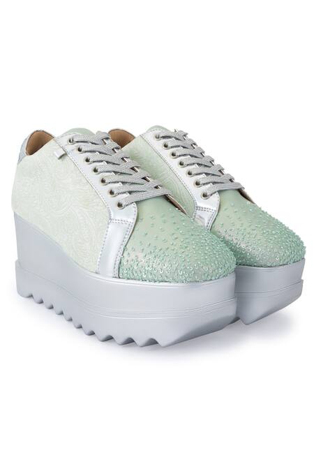 Shop Anaar Green Embellished, Embroidered Macaron Magic Sneaker Wedges at Aza Fashions Shop_Anaar_Green Embellished, Embroidered Macaron Magic Sneaker Wedges_at_Aza_Fashions