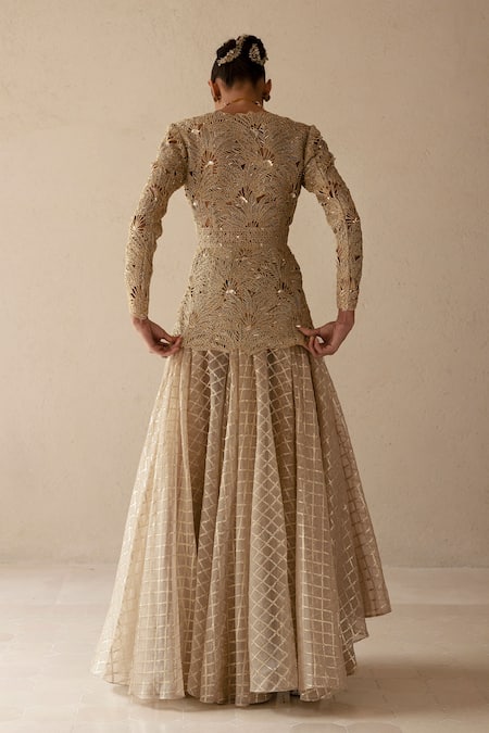 Shop_Varun Nidhika_Beige Silk , Brocade, Metallic Palm Jacket And Skirt Set _at_Aza_Fashions