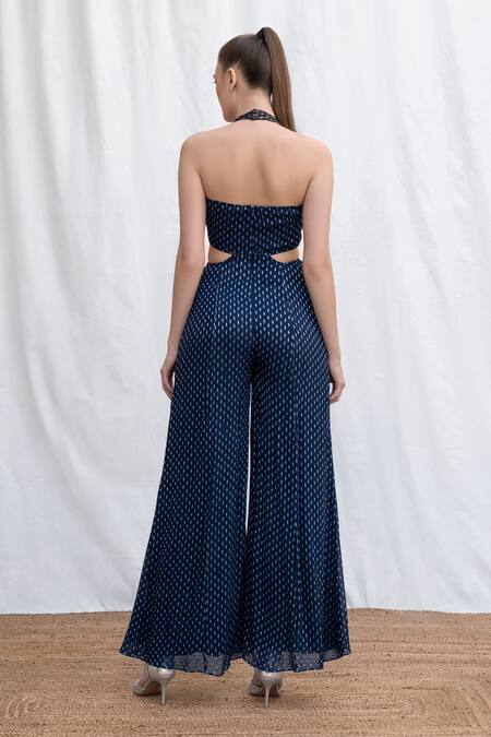 Shop_Amrta By Guneet Kondal_Blue Viscose, Georgette, Linen Metallic Thread Baileys Embroidered Jumpsuit _at_Aza_Fashions