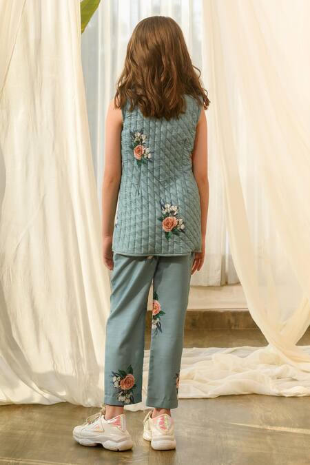 Shop_Pasha India_Green Linen Embroidery Floral Pattern Jacket And Pant Set _at_Aza_Fashions