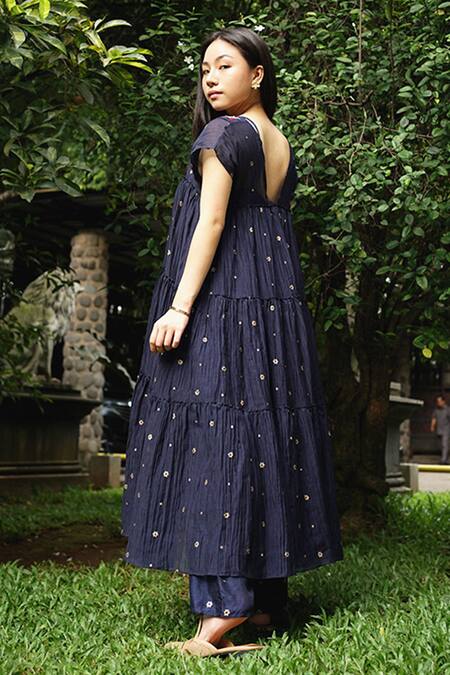 Baju_Blue Chanderi Cotton, Silk Embroidery V-neck Hand Midi Dress_Online_at_Aza_Fashions