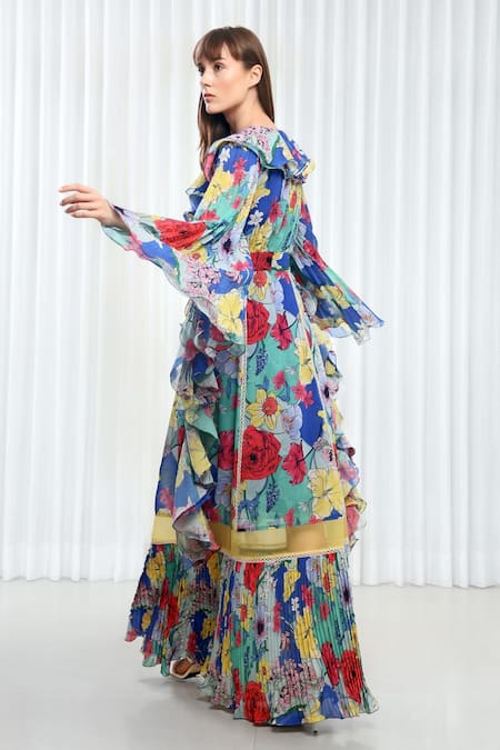 Shop_Mandira Wirk Resort_Multi Color Chiffon, Organza Ruffles, Lace V-neck Hibiscus Print Gown _at_Aza_Fashions