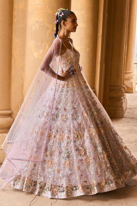Shop_Lashkaraa_Grey Net, Velvet, Satin Embroidery, Sequins Sweetheart Floral Print Anarkali Set _at_Aza_Fashions