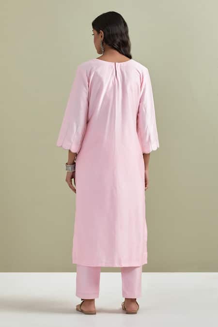 Shop Priya Chaudhary Pink Chanderi Silk, Kota Doria Pearls, Tassels Split Embroidered Kurta Pant Set at Aza Fashions Shop_Priya Chaudhary_Pink Chanderi Silk, Kota Doria Pearls, Tassels Split Embroidered Kurta Pant Set _at_Aza_Fashions