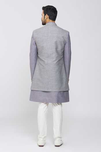Shop Samyukta Singhania Grey Jute, Pant Polyester Staple Fiber Jacket And Full Sleeve Sherwani Set at Aza Fashions Shop_Samyukta Singhania_Grey Jute, Pant Polyester Staple Fiber Jacket And Full Sleeve Sherwani Set_at_Aza_Fashions