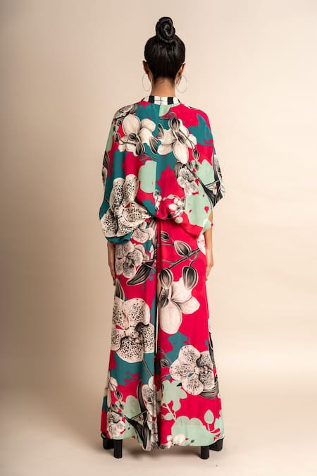 Shop Nupur Kanoi Magenta Crepe V-neck Floret Print Balloon Top And A-line Pant Set at Aza Fashions Shop_Nupur Kanoi_Magenta Crepe V-neck Floret Print Balloon Top And A-line Pant Set_at_Aza_Fashions