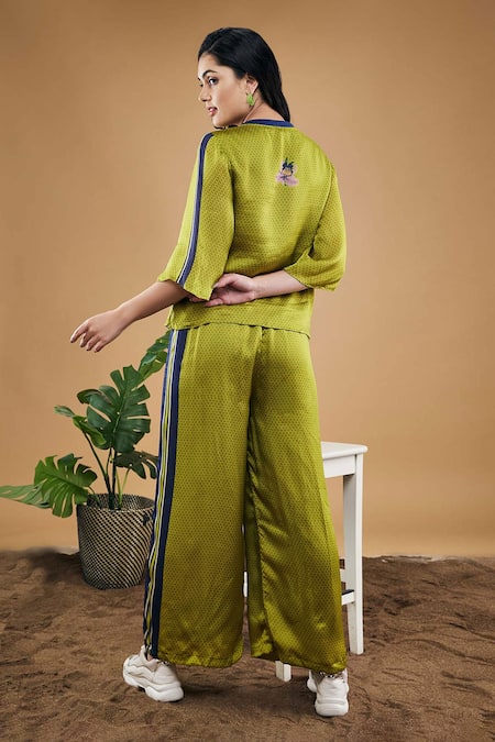 Shop_Soup By Sougat Paul_Green Organza, Satin Embroidery Round Orchid Bloom Print Top And Pant Co-ord Set _at_Aza_Fashions