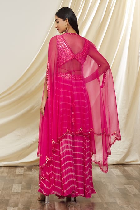 Shop_Yoshita Couture_Pink Georgette Embroidery, Sequins V-neck Aarya Cape And Tie Dye Sharara Set _at_Aza_Fashions