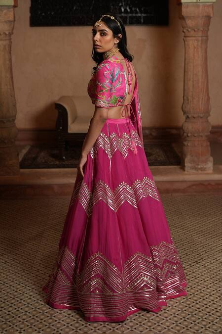 Shop Ruhr India Fuchsia Organza, Linen Satin Floral Print And Gota Work Deep V Neck Lehenga Set at Aza Fashions Shop_Ruhr India_Fuchsia Organza, Linen Satin Floral Print And Gota Work Deep V Neck Lehenga Set_at_Aza_Fashions