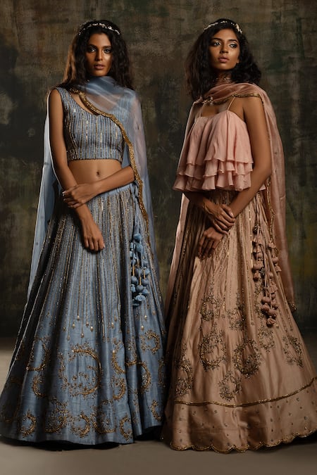 Shop Mona And Vishu Pink Lehenga And Blouse Dupion Dupatta Kota Floral Embroidered Set at Aza Fashions Shop_Mona And Vishu_Pink Lehenga And Blouse Dupion Dupatta Kota Floral Embroidered Set _at_Aza_Fashions