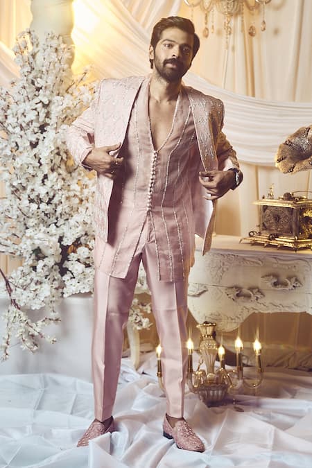 Shop_Varun Chakkilam_Pink Twill Silk Embroidered Metallic Wire Open Jacket And Kurta Set  _at_Aza_Fashions