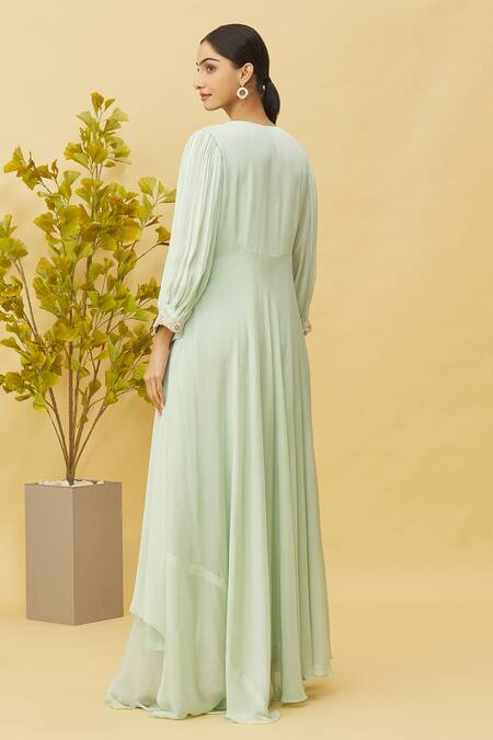 Shop Samyukta Singhania Green Chiffon Zari Square Neck Asymmetric Layered Gown at Aza Fashions Shop_Samyukta Singhania_Green Chiffon Zari Square Neck Asymmetric Layered Gown_at_Aza_Fashions