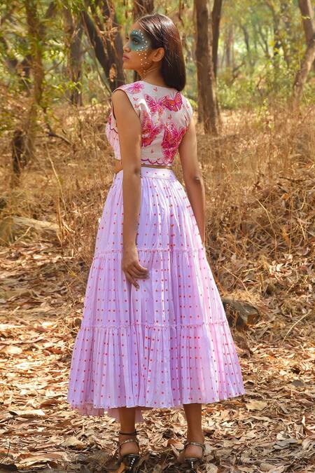 Shop Disha Kahai Pink Crepe, Silk Sequins, Embroidery Sweetheart Printed Lehenga Set With Jacket at Aza Fashions Shop_Disha Kahai_Pink Crepe, Silk Sequins, Embroidery Sweetheart Printed Lehenga Set With Jacket_at_Aza_Fashions