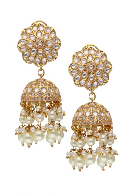 Shop Curio Cottage Gold Plated Semi Precious Kundan Stone Flower Shaped Jhumkas at Aza Fashions Shop_Curio Cottage_Gold Plated Semi Precious Kundan Stone Flower Shaped Jhumkas_at_Aza_Fashions