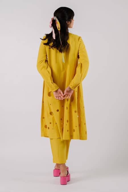 Shop_Tussah By Siddhi Shah_Yellow Cotton Cut-work Round Hem Kurta With Pant  _at_Aza_Fashions