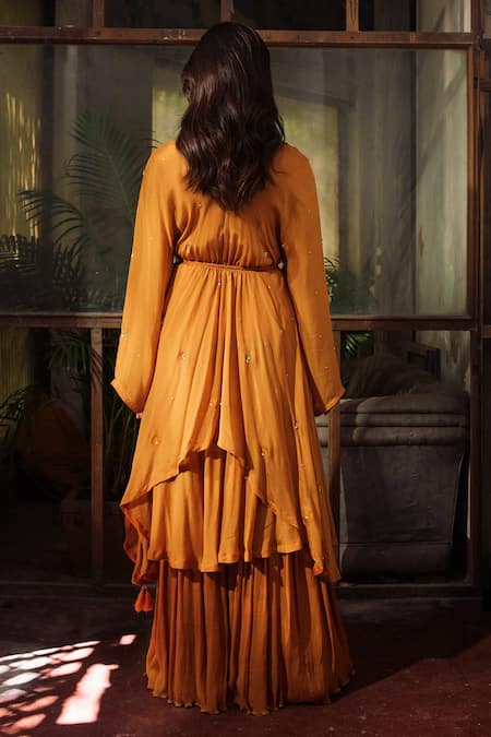 Shop_Suave_Orange Chiffon Embroidery, Beads, Applique V-neck Floral Kaftan And Sharara Set _at_Aza_Fashions
