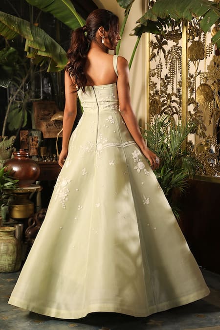 Shop_Sahil Kochhar_Green Organza Net Embroidery Blossom Straight Maya Panelled Gown  _at_Aza_Fashions