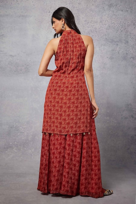 Shop_Senren By Eshana Raut_Red Crepe Print Swirl Line Halter Neck Kurta With Sharara _at_Aza_Fashions