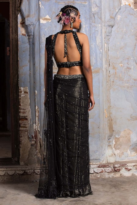 Nitika Gujral Black Lurex, Georgette, Net Sequins, Beads, And Work Draped Saree With Blouse Online at Aza Fashions Nitika Gujral_Black Lurex, Georgette, Net Sequins, Beads, And Work Draped Saree With Blouse _Online_at_Aza_Fashions