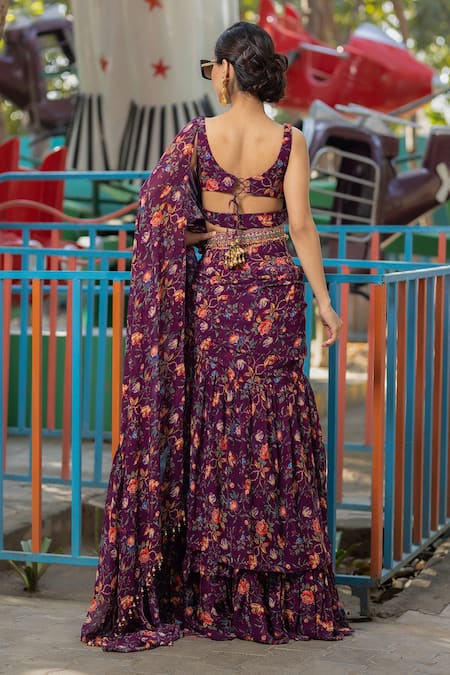 Shop Irrau By Samir Mantri Multi Color Georgette Embroidery Pre-draped Floral Print Saree And Blouse Set at Aza Fashions Shop_Irrau By Samir Mantri_Multi Color Georgette Embroidery Pre-draped Floral Print Saree And Blouse Set _at_Aza_Fashions