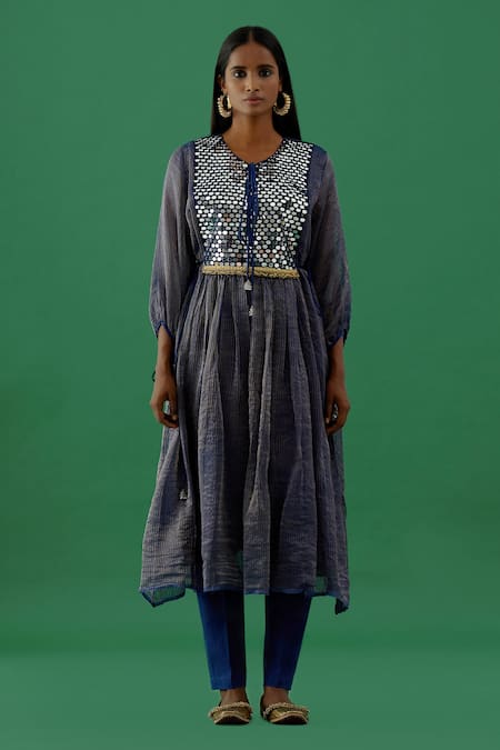 Shop 5elements Blue Chanderi Silk Tissue Embellishment Mirror And Ghungroo Work Anarkali Set at Aza Fashions Shop_5elements_Blue Chanderi Silk Tissue Embellishment Mirror And Ghungroo Work Anarkali Set _at_Aza_Fashions