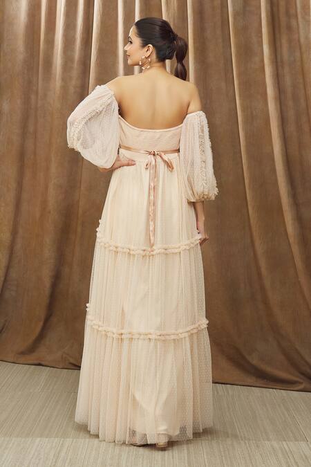 Shop Bump Loving Peach Polyester, Satin, Net Sweetheart Neck Daphne Off-shoulder Maternity Gown at Aza Fashions Shop_Bump Loving_Peach Polyester, Satin, Net Sweetheart Neck Daphne Off-shoulder Maternity Gown_at_Aza_Fashions