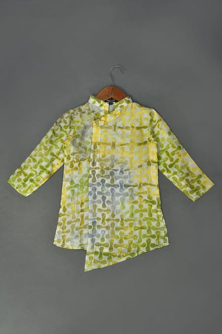 Maaikid Green Chanderi Batik Asymmetric Hem Kurta And Pyjama Set   2