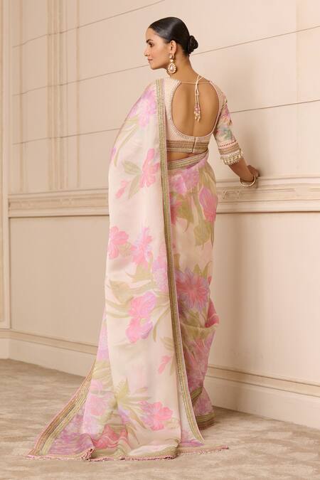 Shop_Tarun Tahiliani_Ivory Satin, Tulle Pearls, Embroidery Floral Print Saree With Textured Blouse_at_Aza_Fashions