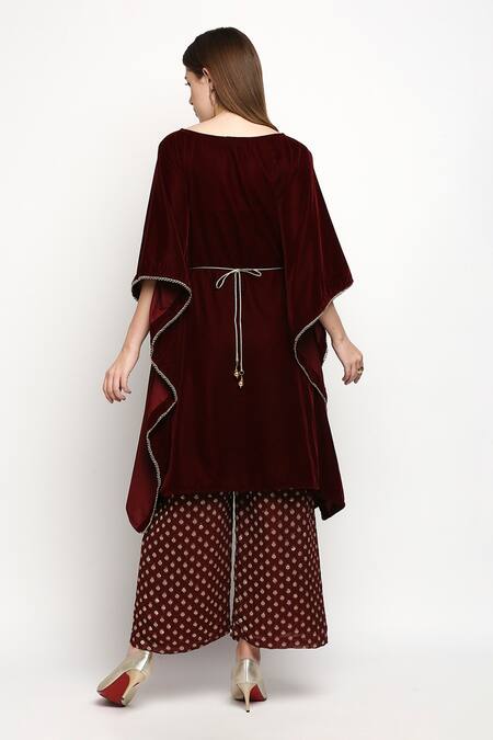 Shop_Monk & Mei By Sonia Anand_Maroon Velvet, Georgette Tassels Boat Neck Nuuh Kaftan And Palazzo Set _at_Aza_Fashions