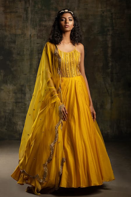 Shop_Mona And Vishu_Yellow Anarkali  Dupion Silk, Dupatta  Organza Beads, Embroidered Bodice With _at_Aza_Fashions