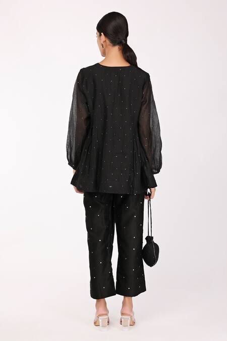 Shop Komal Shah Black Chanderi, Lining Butter Crepe Badla, Embroidered Tunic And Pant Set at Aza Fashions Shop_Komal Shah_Black Chanderi, Lining Butter Crepe Badla, Embroidered Tunic And Pant Set_at_Aza_Fashions