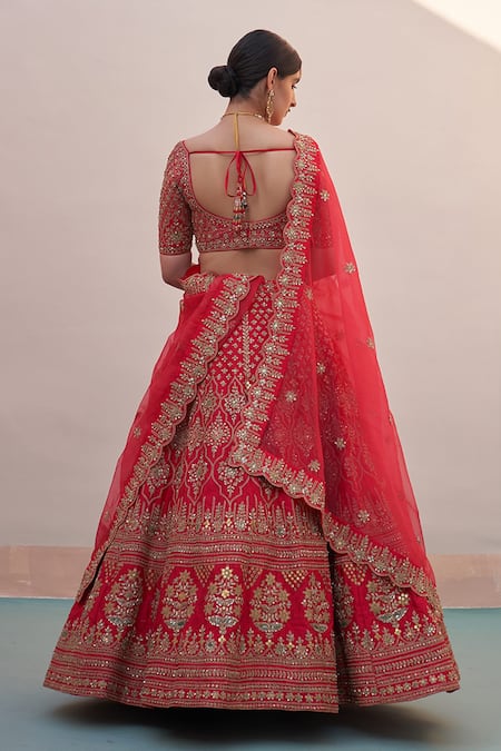 Shop Angad Singh Red Silk Cut Work, Sequins, Zari Asymmetric Zardozi Bridal Lehenga Set at Aza Fashions Shop_Angad Singh_Red Silk Cut Work, Sequins, Zari Asymmetric Zardozi Bridal Lehenga Set _at_Aza_Fashions