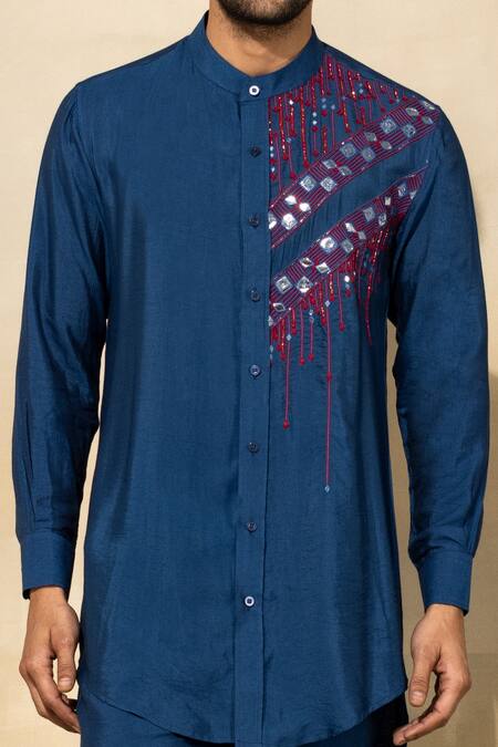Shop_Diyarajvvir_Blue , Satin Cut Work Cutdana Embroidered Kurta Set _at_Aza_Fashions