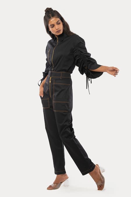Shop Veera Wear Black Cotton Collared Ruched Sleeve Pant Set at Aza Fashions Shop_Veera Wear_Black Cotton Collared Ruched Sleeve Pant Set _at_Aza_Fashions